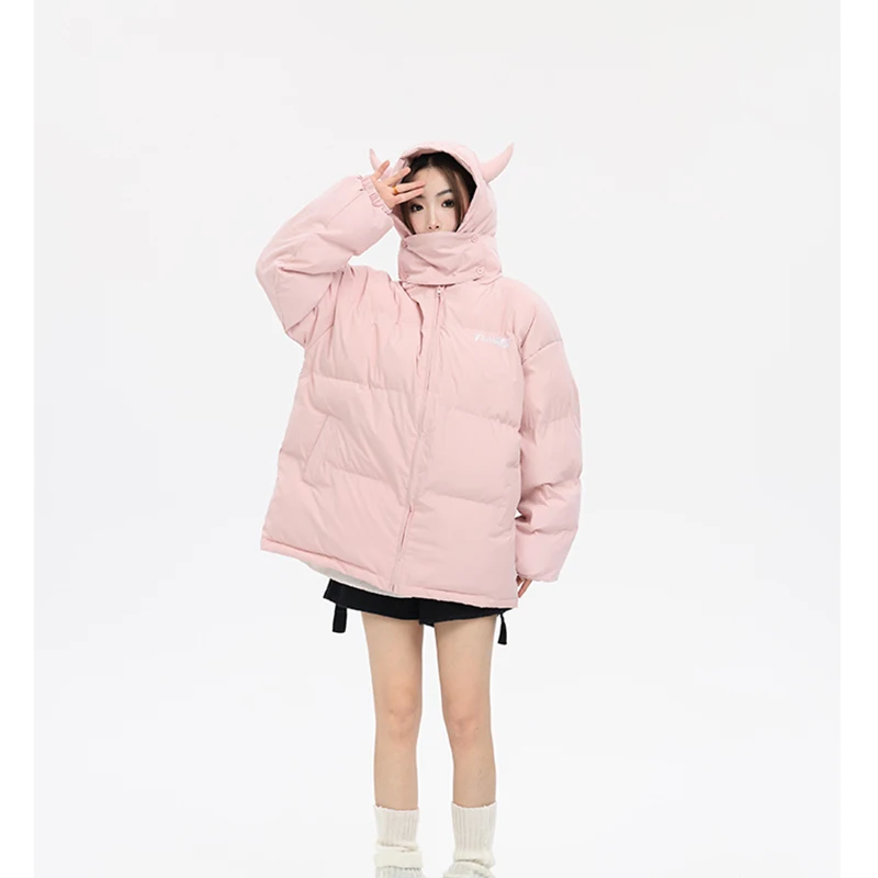 Puffer jacket cotton jacket parka coat parkas coat Hooded Parkas Men Winter Devil's Horn Solid Color Cotton Padded Jackets Women Loose Hip Hop Harajuku Puffer Bubble Outwear Coats