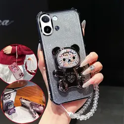 Shockproof Phone Case with Cute 3D Bear Stand and Crystal Chain Lanyard, Transparent Back Cover for Tecno Spark Go 3 (Black)