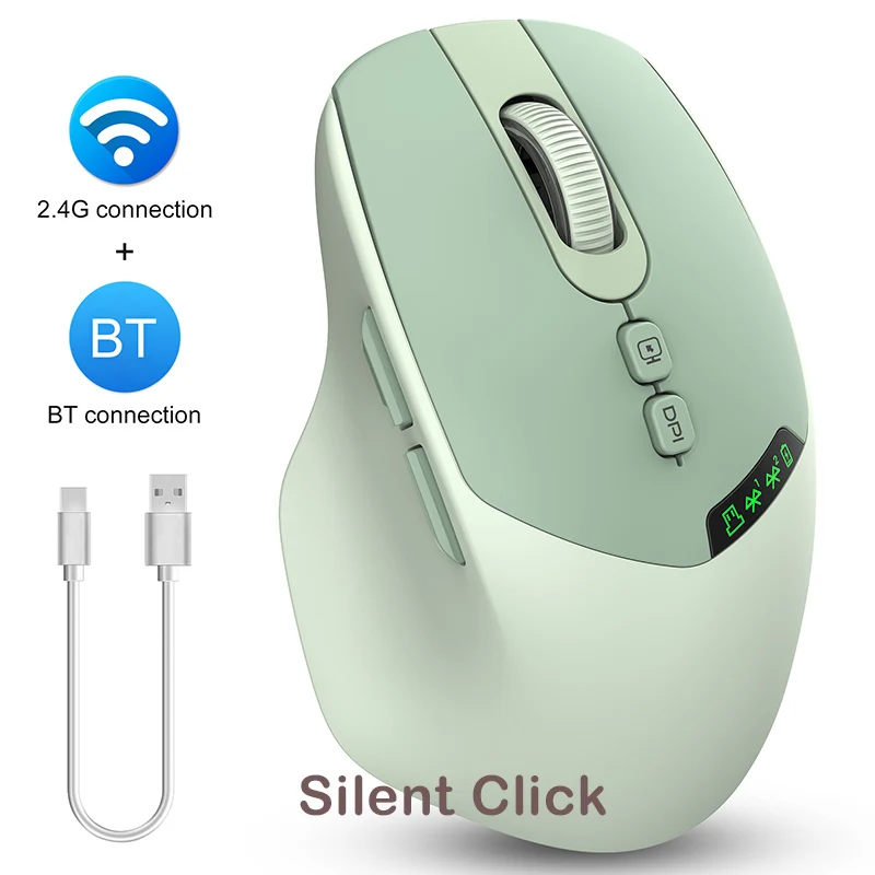 Dual Mode Wireless Bluetooth Mouse with Silent Click, Adjustable DPI & Rechargeable Battery Display