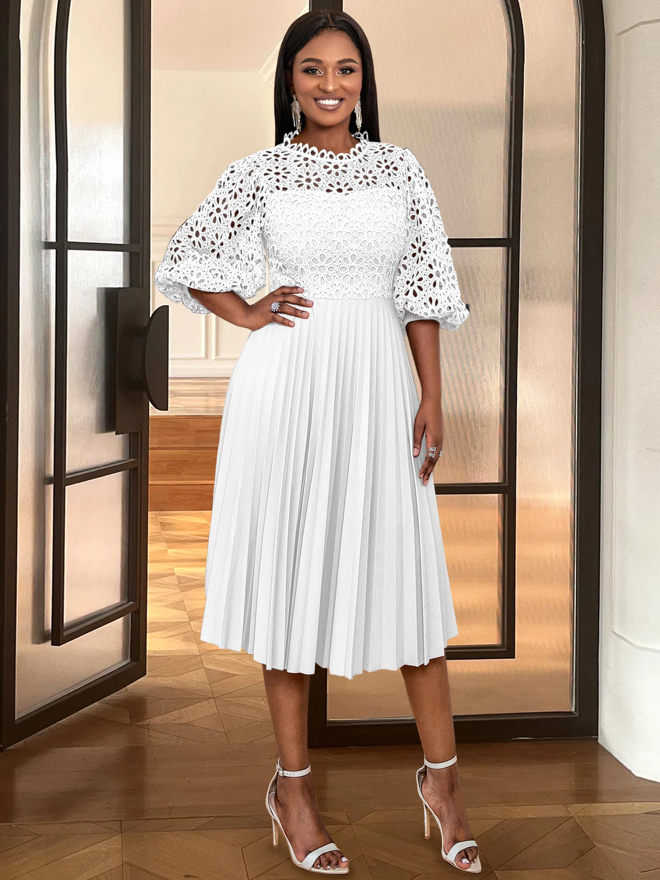 

Женское офисное платье с круглым вырезом, белое ажурное кружевное платье с пышными рукавами, плиссированное платье трапециевидной формы с высокой талией, вечернее коктейльное платье для женщин