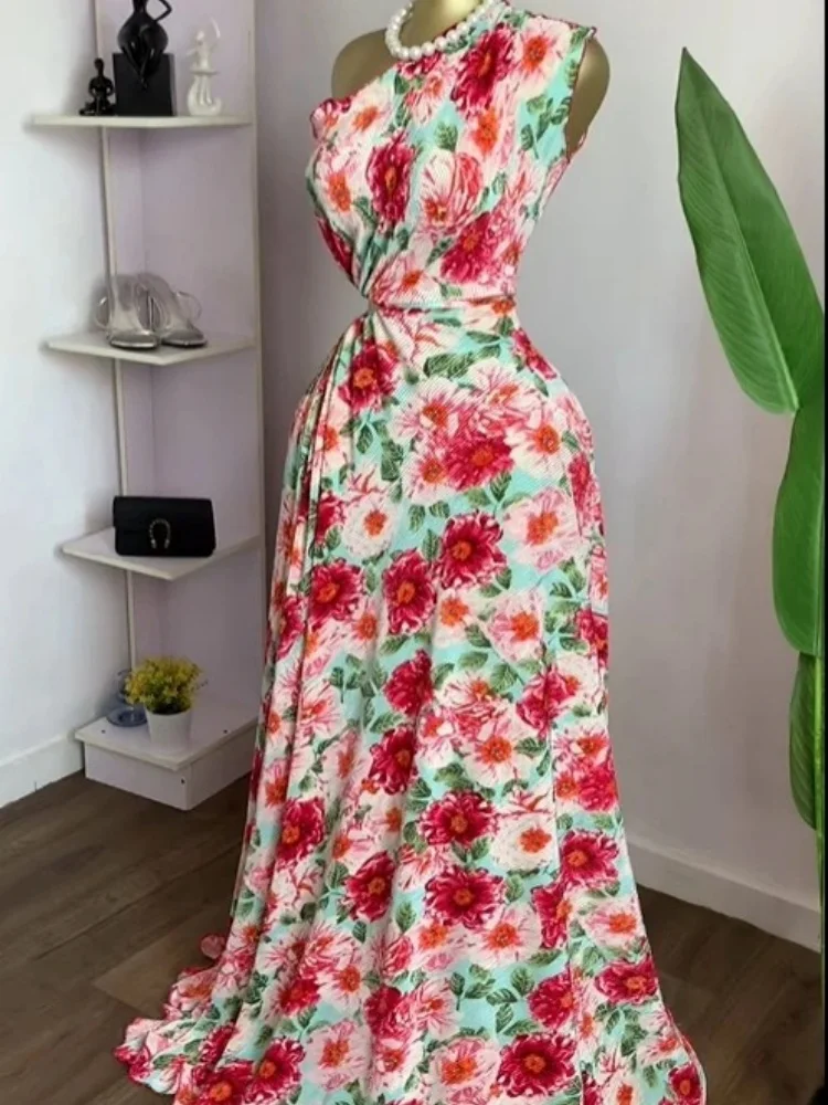 Wmstar Dress Women Wholesale Stock 2025 Cross Border Bohemian Slanted Neck Backless Cinched Waist Slimming A Line Printed Long