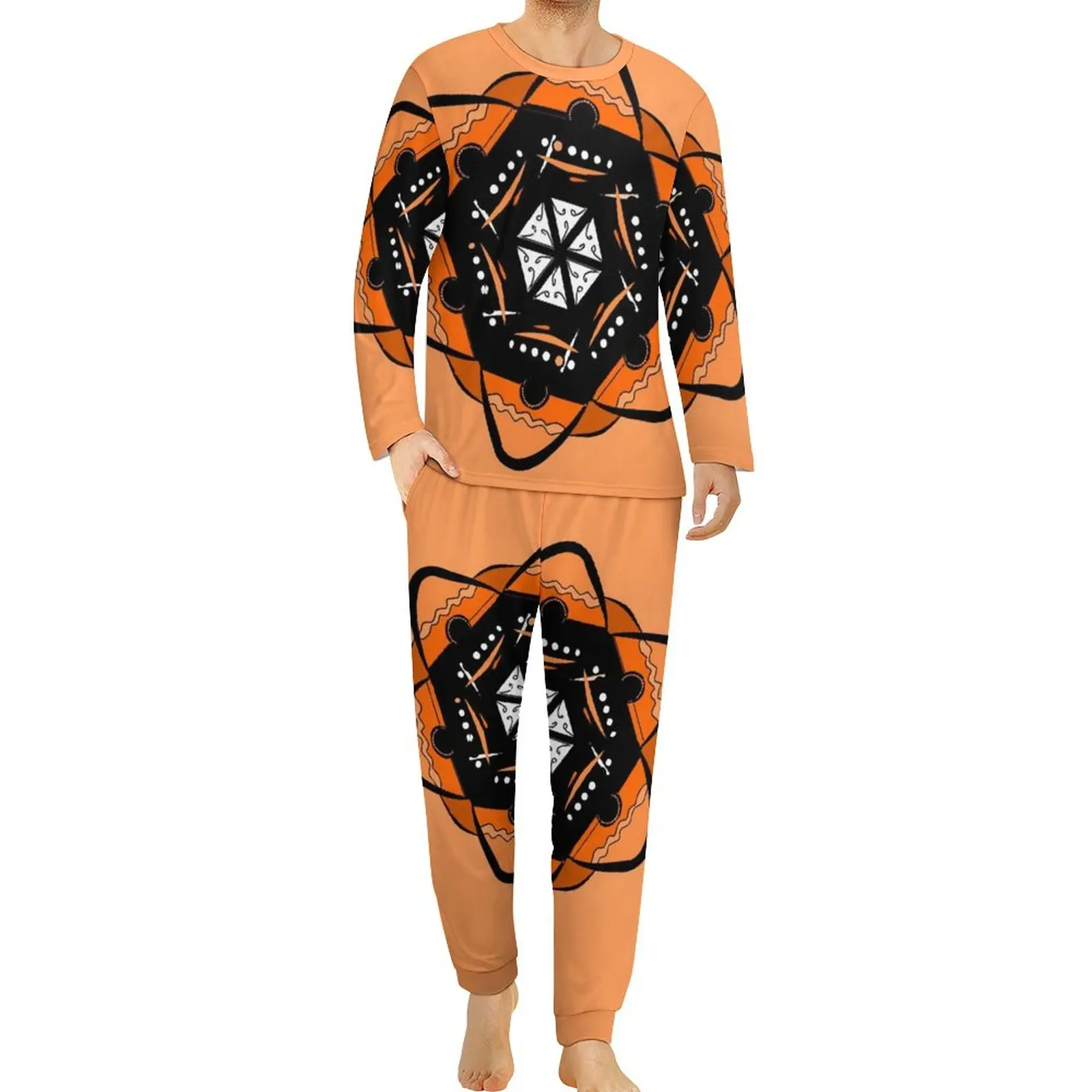 

Orange Star Mandala Pizza Pajamas Daily Fast Food Popularity Culture Aesthetic Nightwear Male 2 Pieces Long Sleeve Pajama Sets