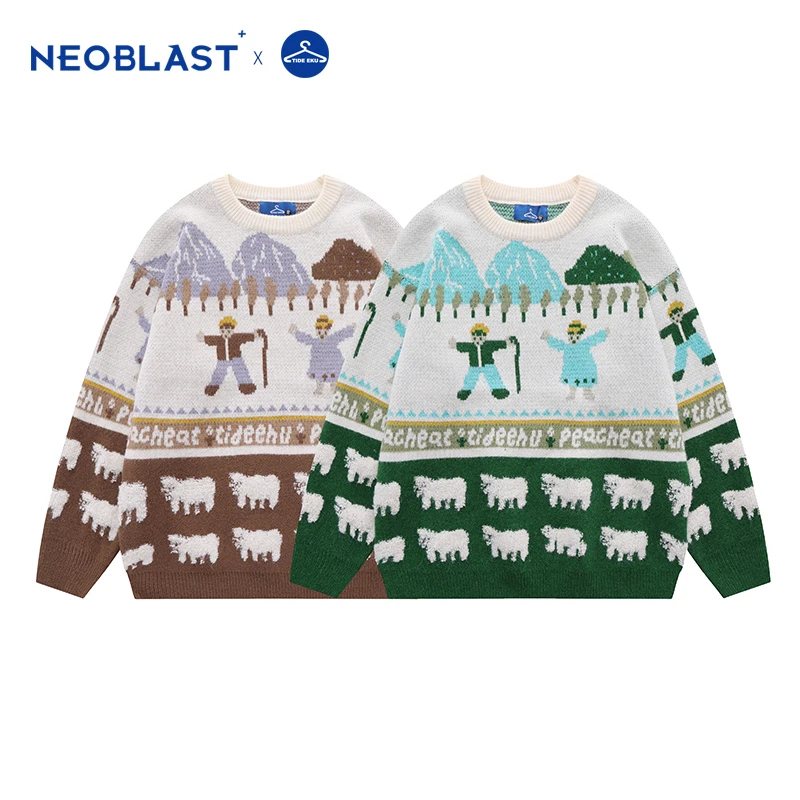 Men's Winter Sweater Oversize Thick Pullover Retro Rurality Oil Painting Embroidery Sheep Pattern Jersey Clothing For Male