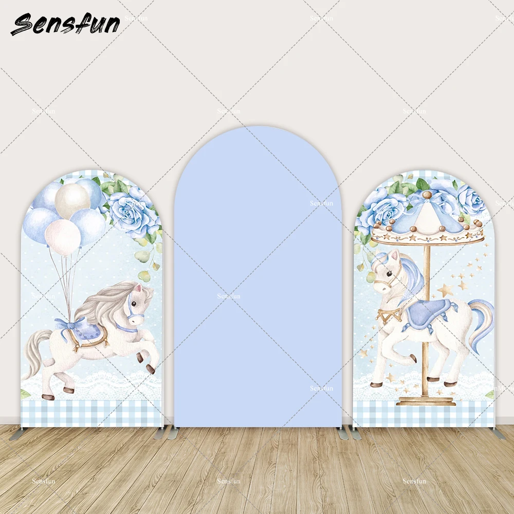 

Blue Carousel Baby Shower Arch Cover Backdrop Wall Customize Flowers Balloons Birthday Background for Photo Studio Banner