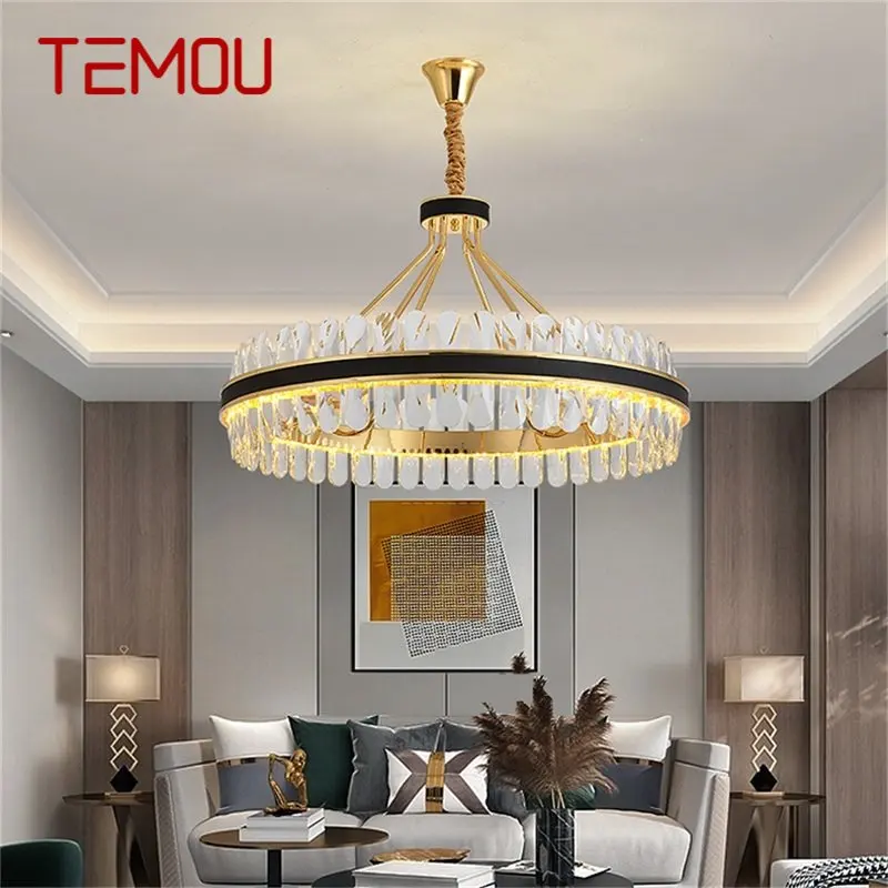 

TEMOU Chandelier Crystal Pendant Lamp Postmodern Home Leather Round Light Fixture for Living Dining Room