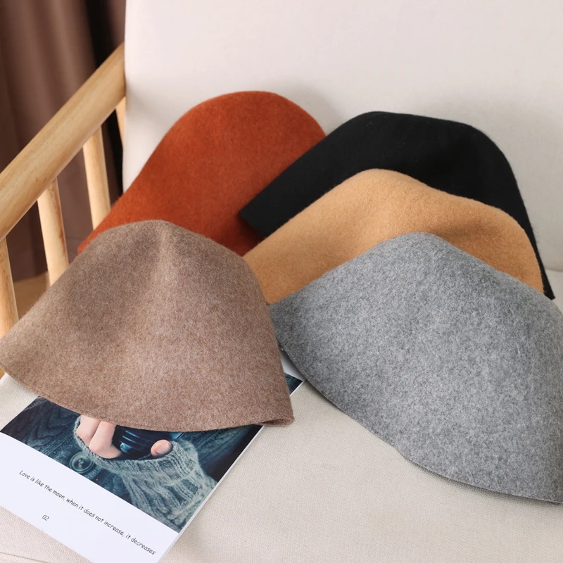 100%Pure Wool Women's Bucket Hat Korea Fashion Vintage Fisherman Panama Cap Autumn Winter Warm Soft  Foldable Wollen Chapeau 5