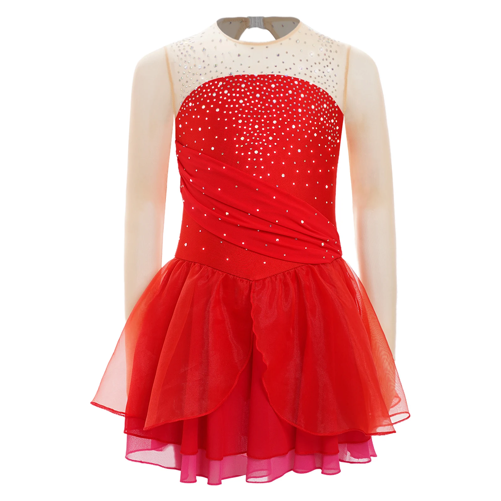 Kinder Mädchen Ballett Kleid Eiskunstlauf Gymnastik Dancewear Rundhals Ärmellos Glänzende Strasssteine Tiered Rüschen Tutu Kleid – Detail 25
