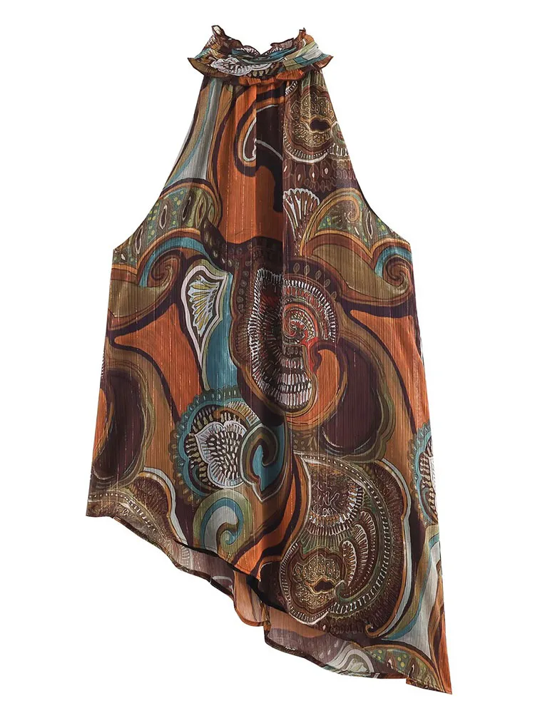 Asymmetry Printed Top Woman Summer Halter Tops For Women Chic Vintage Short Tops Streetwear Sexy Party Top