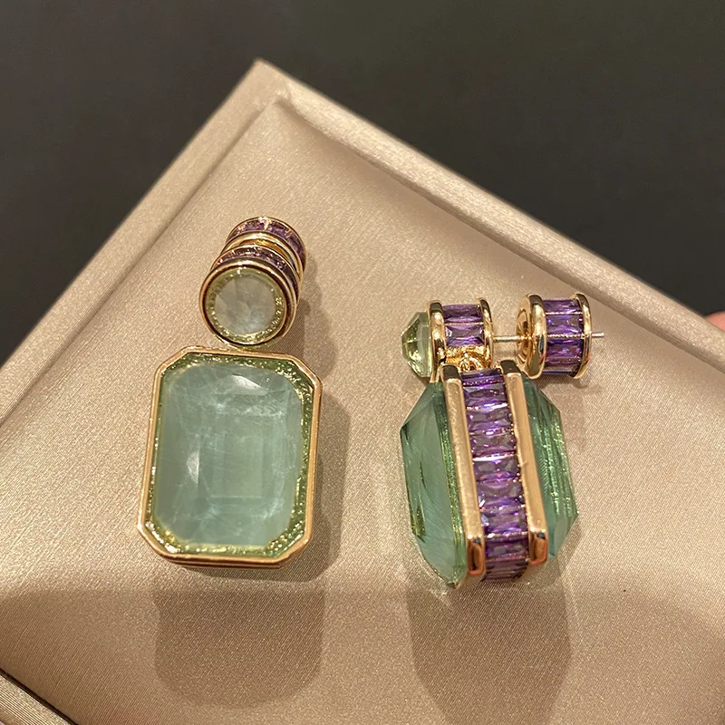 

High Quality Luxurious Olive Green Crystal Earrings Micro Inlaid Purple Cubic Zircon Retro for Women Square Pendant Jewelry Gift
