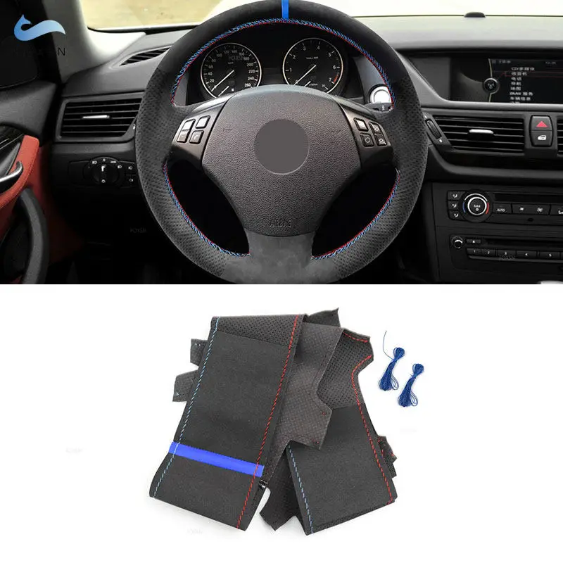 

Чехол на Автомобильный руль для BMW 3 серии E90 E91 2005-2011 X1 E84 2010-2013, прошитый вручную, из замши и кожи с синей полосой