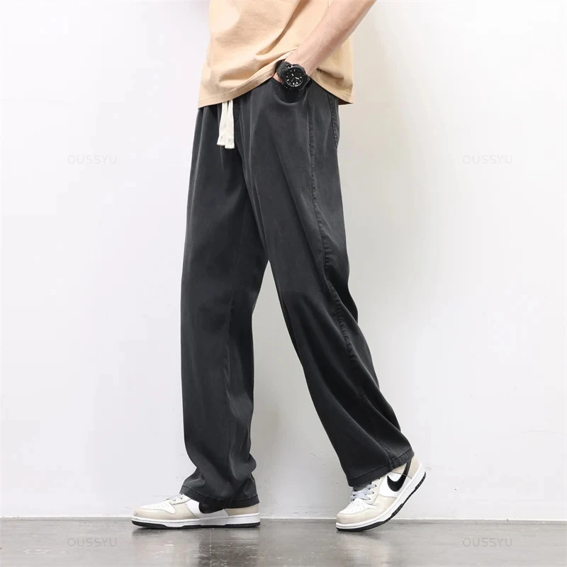 Summer Streetwear Lyocell Fabric Pants Men Stretch Loose Drawstring Elastic Waist Korea Jogger Sports Casual Long Trousers Male casual pants sports pants casual sports pants