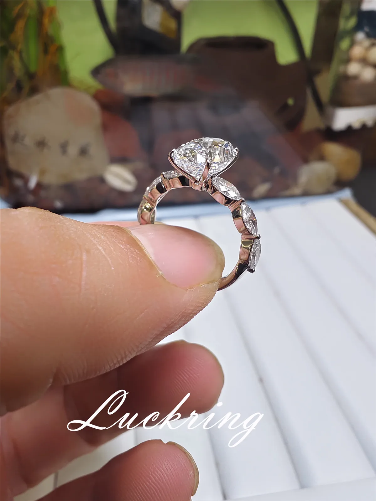 18K Solid Gold Lab-Grown DiamondOval 4CT E VVS2 Engagement Ring Accented with Marquise Diamonds, Custom Platinum Engagement Rin 2