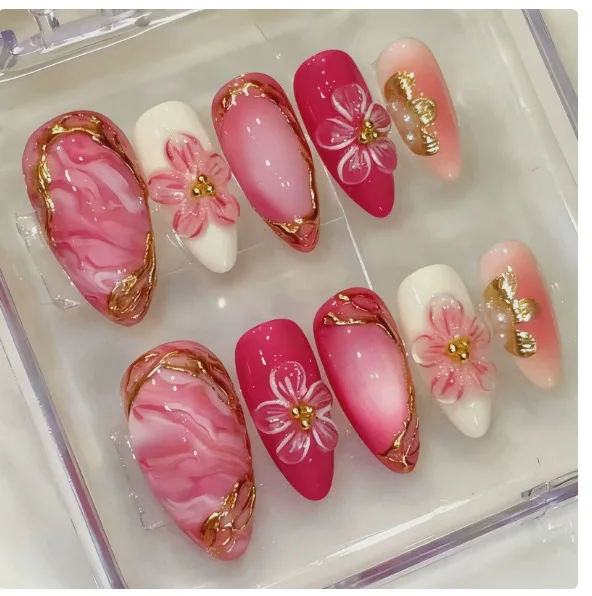 24PCS Pink Almond Press-On Nails with 3D Floral Design and Golden Pearl Accent