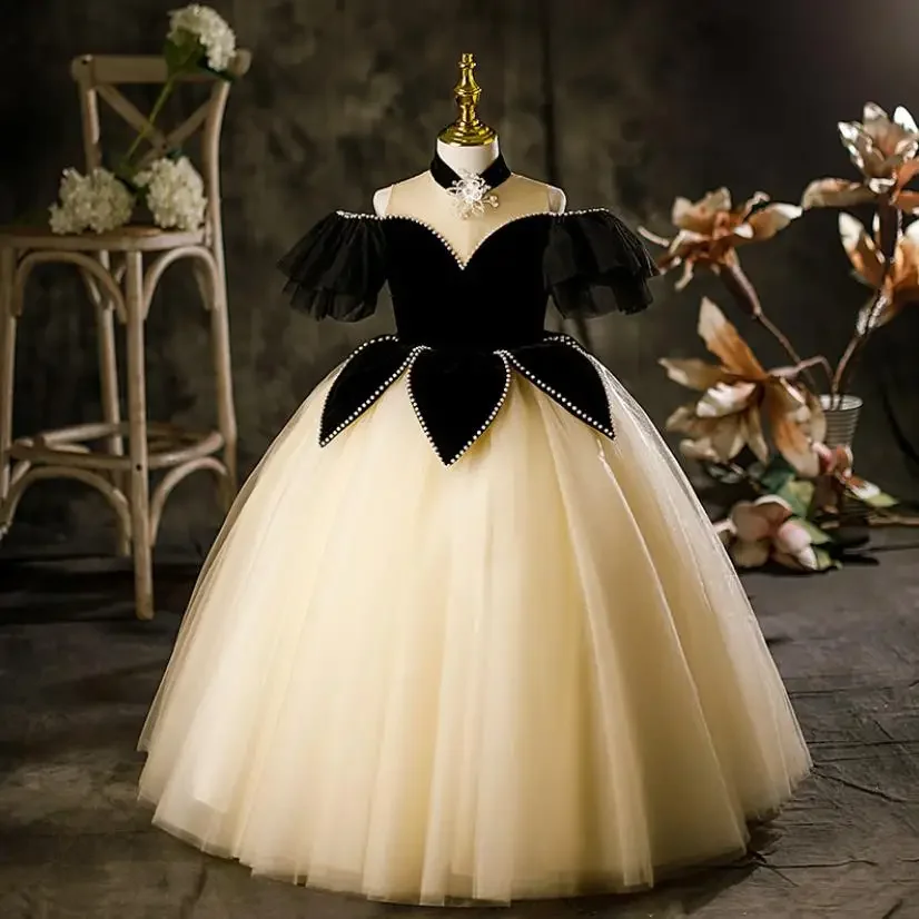 

Children's Catwalk Host Performance Evening Gown Pearls Mesh Stitching Wedding Birthday Baptism Party Girls Dress Vestidos A2879