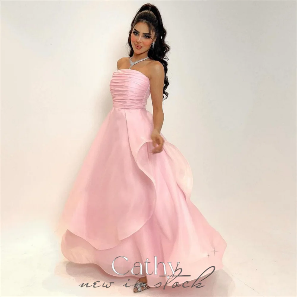 

Cathy Baby Pink Strapless Vestidos De Noche Grace Organza Edge Curl Prom Dress 2023 Floor Lenght Sleeveless فساتين السهرة