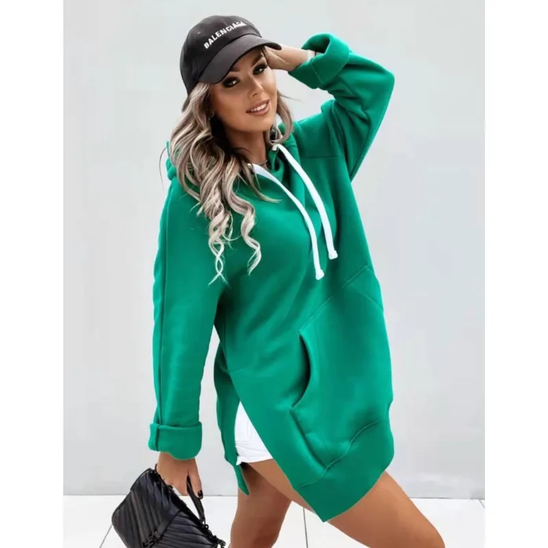 

2023 Winter Fashion Women's Hoodie Casual Solid Pocket Warm Windproof Mid Length Long Sleeve Loose Sweater Sweatshirt Hoodie