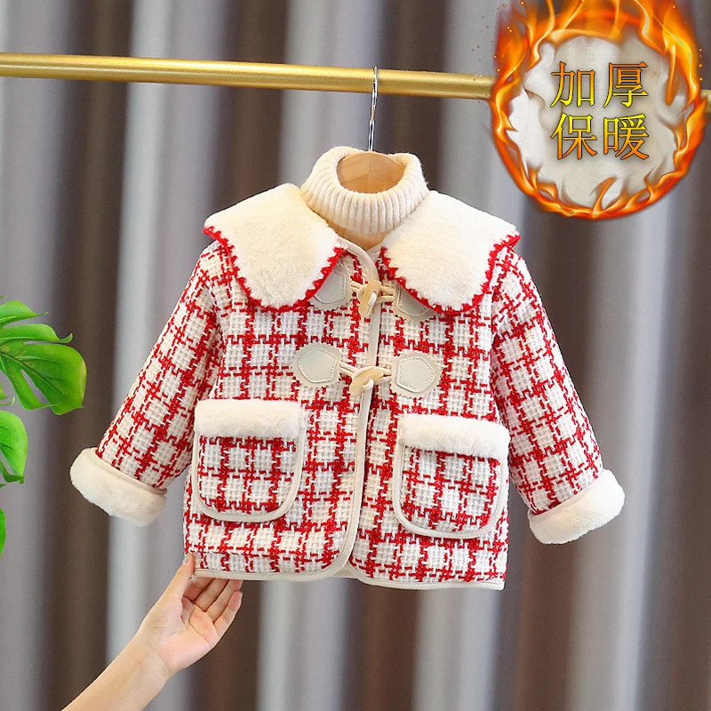 

Шерстяное пальто для девочек, ветровка, 2023 красное теплое Утепленное зимнее хлопковое пальто, детская одежда для подростков