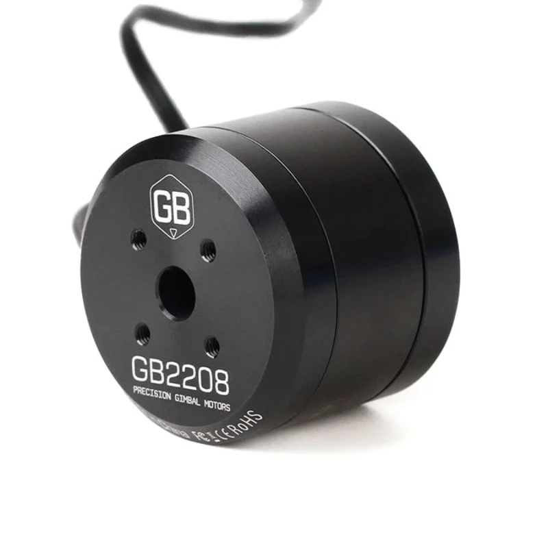Moteur à cardan T GB2208 KV128 sans balais pour FPV et photographie aérienne, montrant son boîtier métallique et ses fils de sortie.