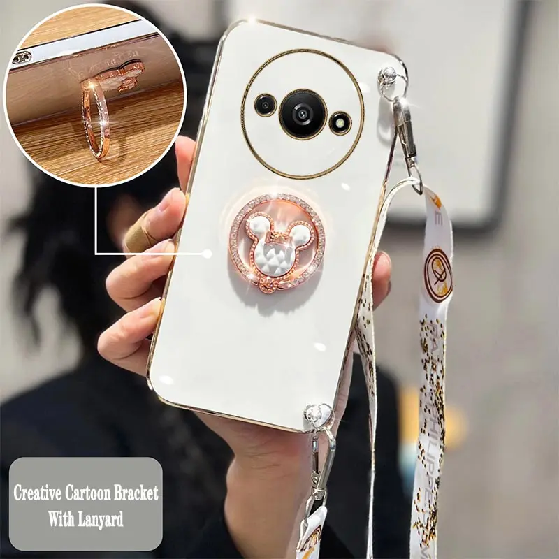 Custodia Xiaomi Redmi A3 Con Cordino E Anello 360° - Cover Morbida TPU Antiurdo Rosa Oro, Tracolla Regolabile Inclusa - 3