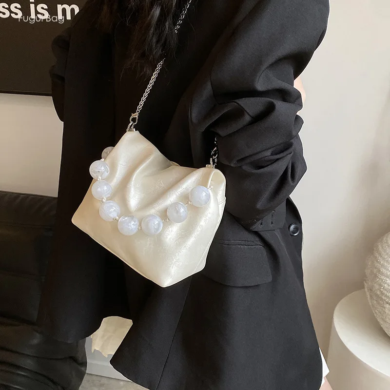 Women's Bucket Bag, Crossbody Bag, Fashionable New Style, Simple Chinese Small Handbag, Beaded Exquisite Chain