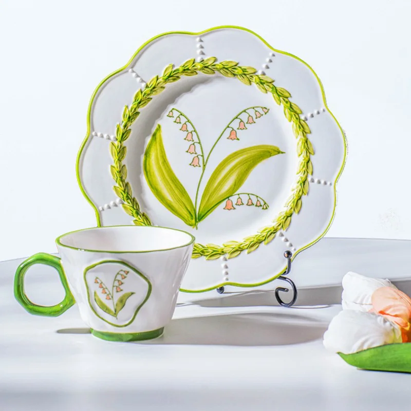 

Ceramics Tableware Coffee cup Dinner Dishes Creative Gift Household Underglaze Breakfast Vintage Three-dimensional Relief