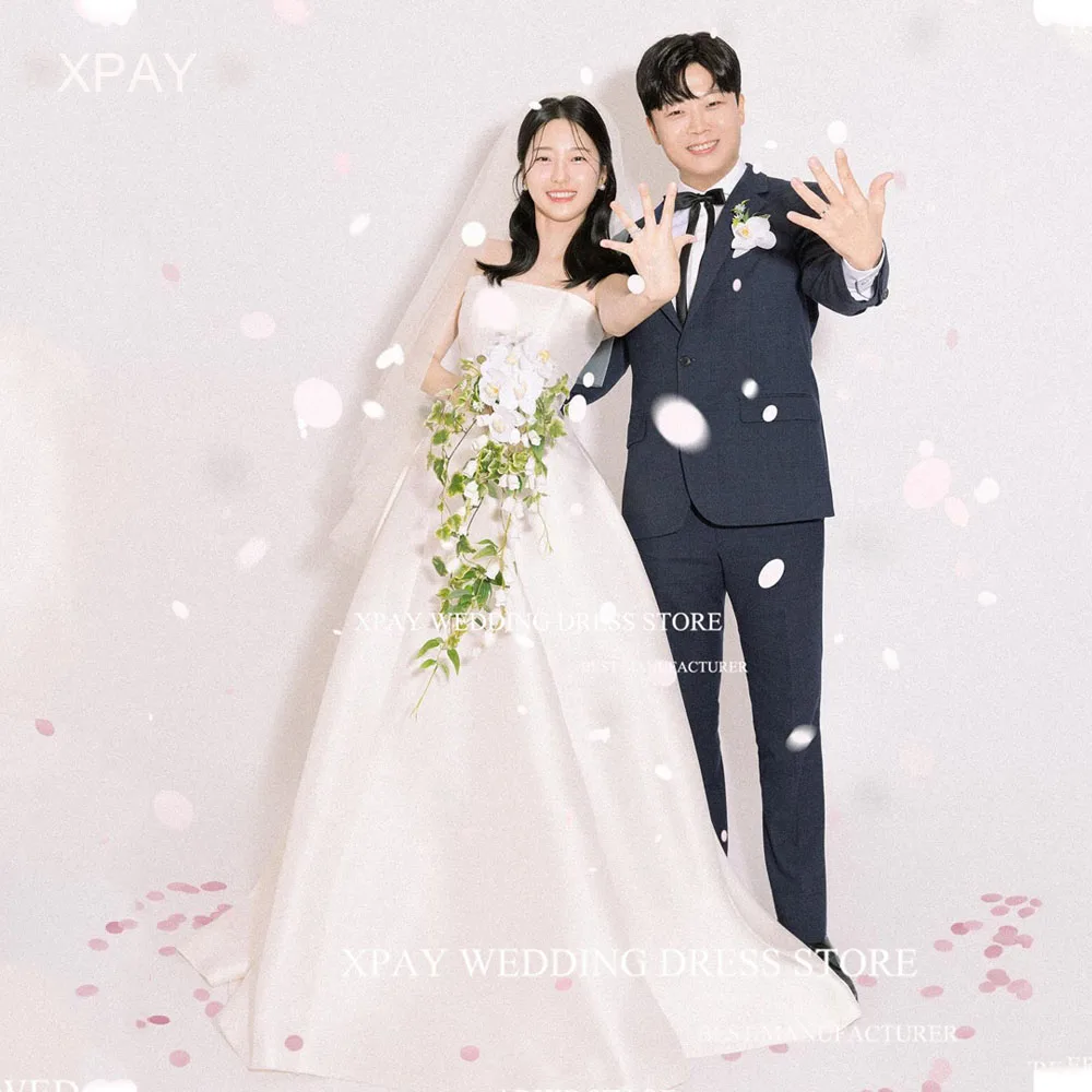 

XPAY Vintage Strapless Korea Wedding Dresses Photo Shoot A Line Satin Bridal Gowns Backless Draped Custom Made Bow Bride Dress