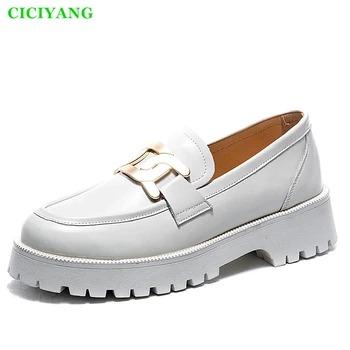 CICIYANG Loafers Women Fashion Genuine Leather 2022 Spring New Thick-soled Horsebit Casual Student Shoes Classic Ladies Black 6