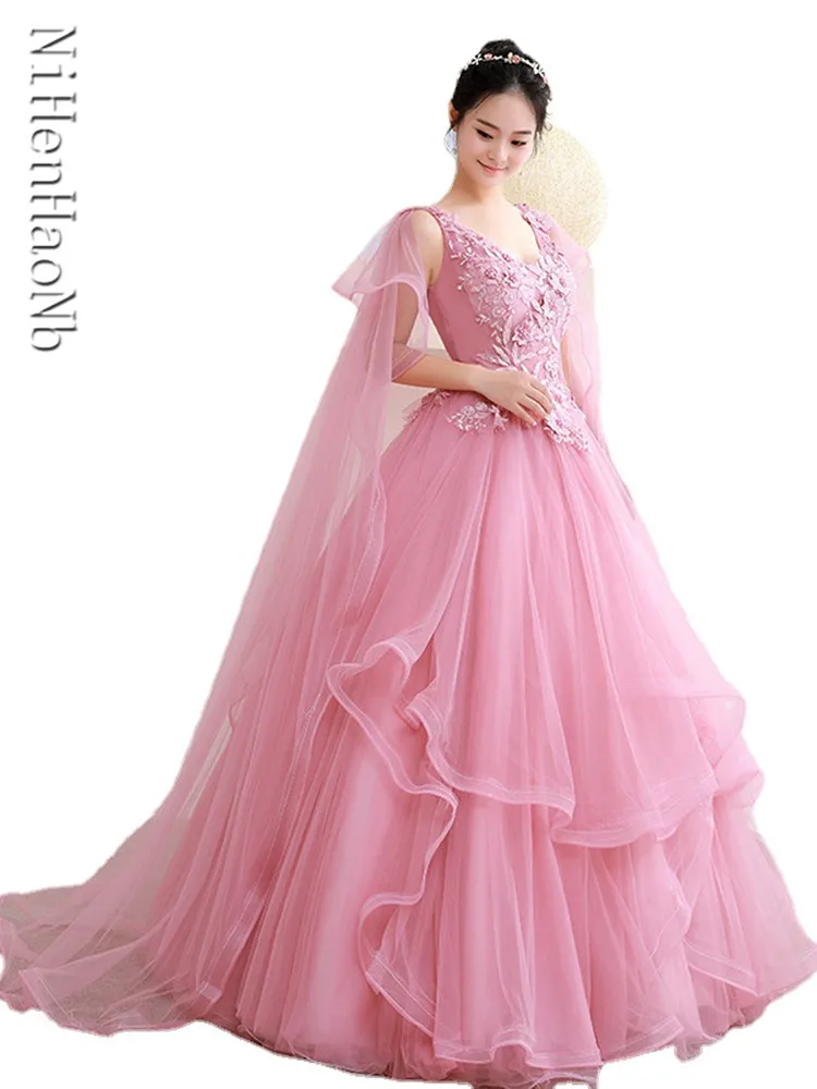 Quinceanera Dresses Sweet Pink Classic V-neck Applique Dresses For Prom Fairy Elegant Tulle Ball Gown