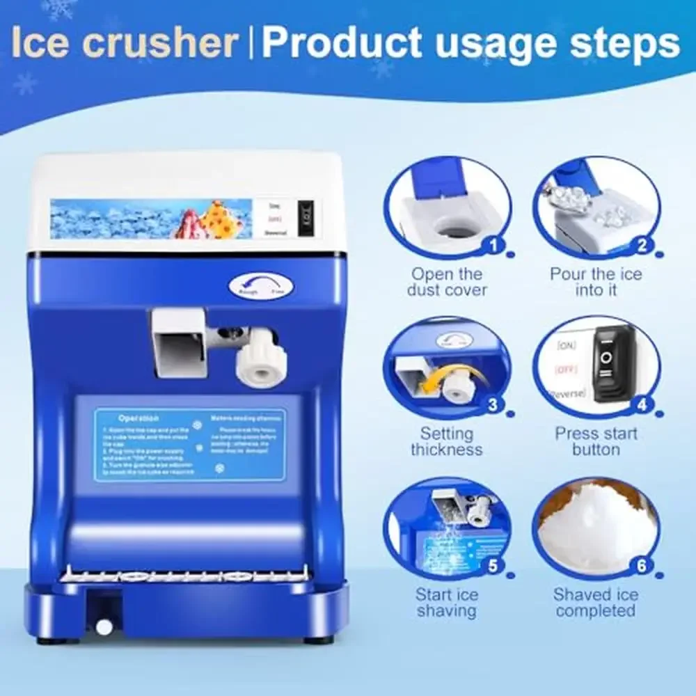 Ice Crusher Shaver Machine Snow Cone 250W Aluminum Alloy Blade Adjustable Thickness 265LBs/hr Electric Cold Drink Maker with Ice 3