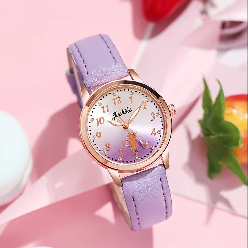 Cute Cat Pattern Casual Simple Rhinestone Quartz Wristwatch for Girls Student Leisure Style Watch Gradient Color Retro Watch