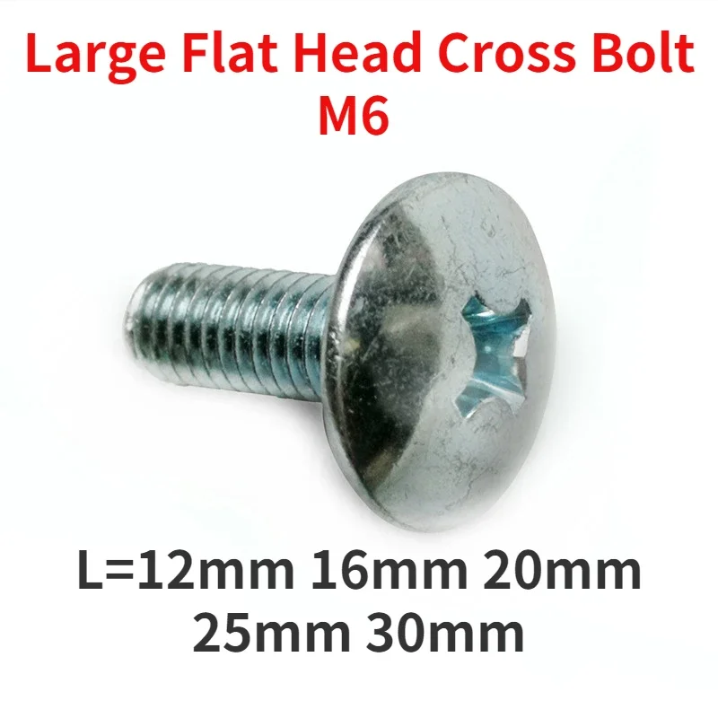 

100pc 6mm Large Flat Head Cross Bolt M6 for Electric Scooter Panel Screw Mushroom Phillips Motorcycle Plated L=16-30mm