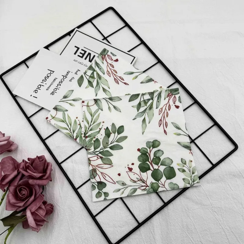 Paper Napkins Disposable Paper Placemats 10/20pcs/Pac Printed Napkin Green Leaf Folded Paper Placemat Wedding Party Wine Glass Flower Paper DIY Butterfly Bone Bart