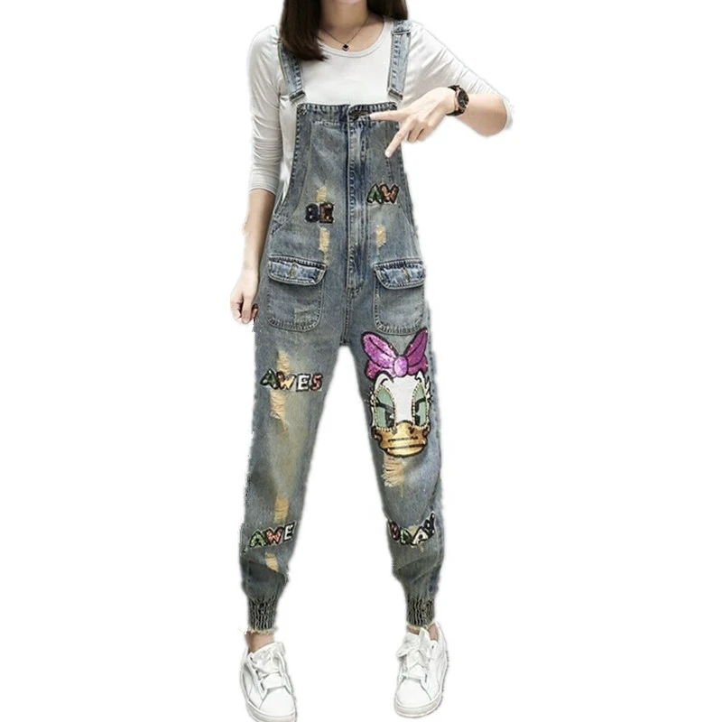 Female Spring and Autumn New Cartoon Sequin Bead Ripped Denim Suspender Pants Women&s Fashion Loose Casual Harem Pan