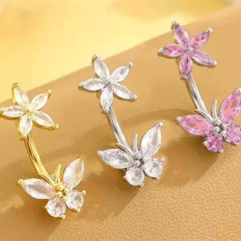 1 Stück Rosa Herz Bauchnabelpiercing für Damen, modischer Kristall-Nabelpiercing, Barbell-Stahl-Körperschmuck, Piercings Ombligo – Detail 3