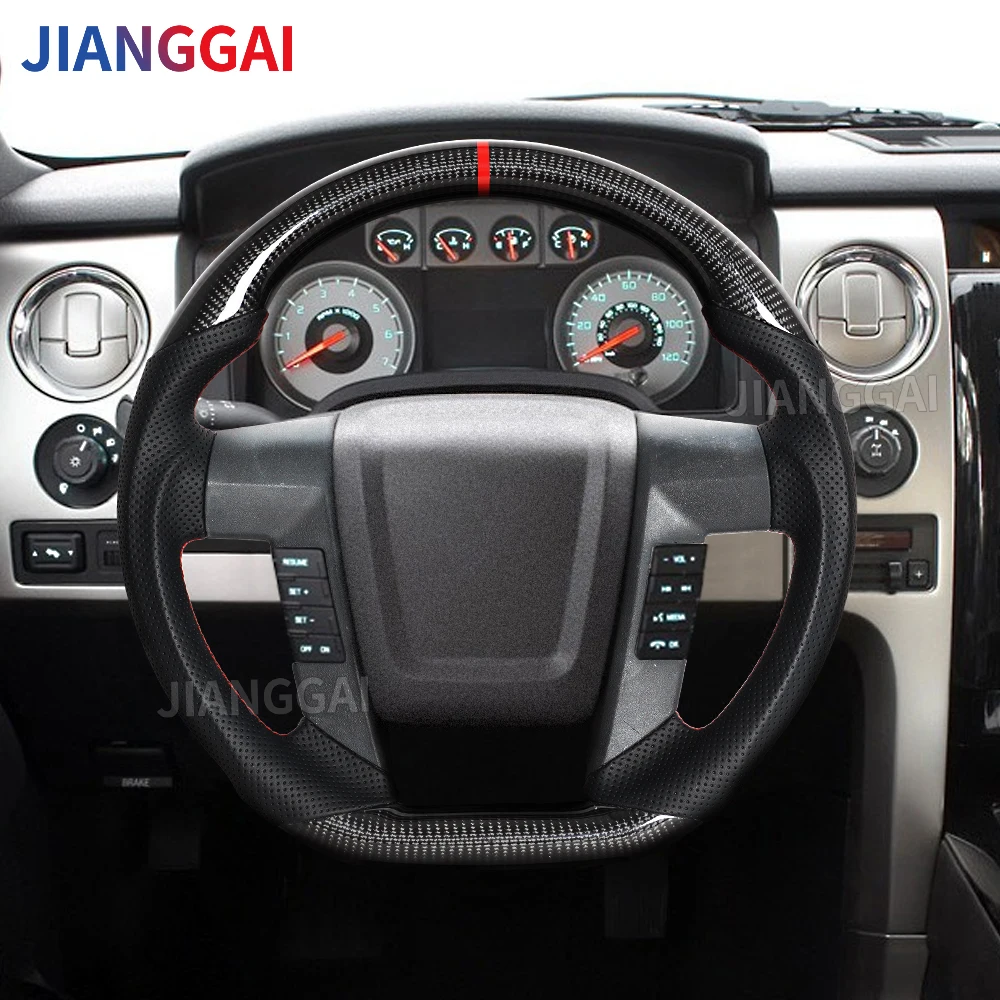 포드 F150 F-150 랩터 2011-2014용 리얼 카본 파이버 스티어링 휠, 레드 스트립 스티어링 휠, 천공 가죽 액세서리