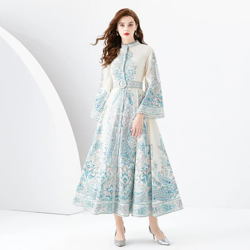 

Spring New Women's Palace Style Stand-up Collar Flared Sleeves Single-Door Placket Waist Trimming Printing Long Lace Dress