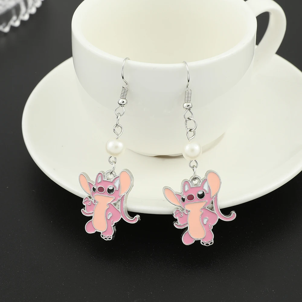 Disney Lilo & Stitch Drop Earrings for Women Girls Cosplay Accessories Stitch and Angel Pearl Crystal Pendant Earring Gifts