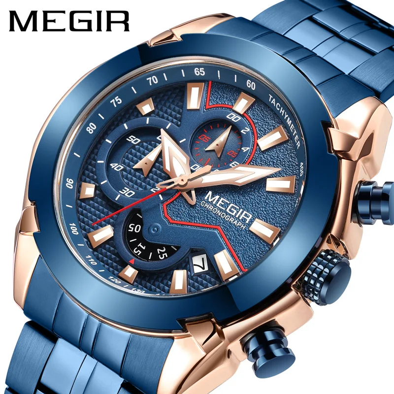 

MEGIR Fashion Blue Sport Chronograph Quartz Watch for Men Stainless Steel Waterproof Luminous Date Men Watches Relogio Masculino