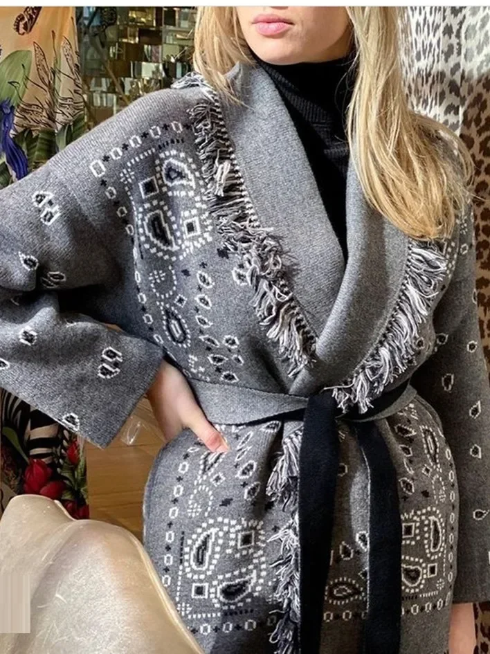 Boho Inspired Women's elegant Belt cashmere cardigan women High quality Wool Tassels jacquard grey knit cardigan long oversized 2