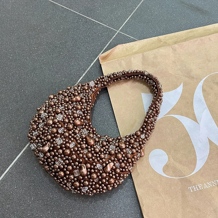 Ladies Casual Pearl Handbag Large Capacity Simple Pearl Underarm Bag Solid Color Crystal Beaded Armpit Bag Date Party Bag