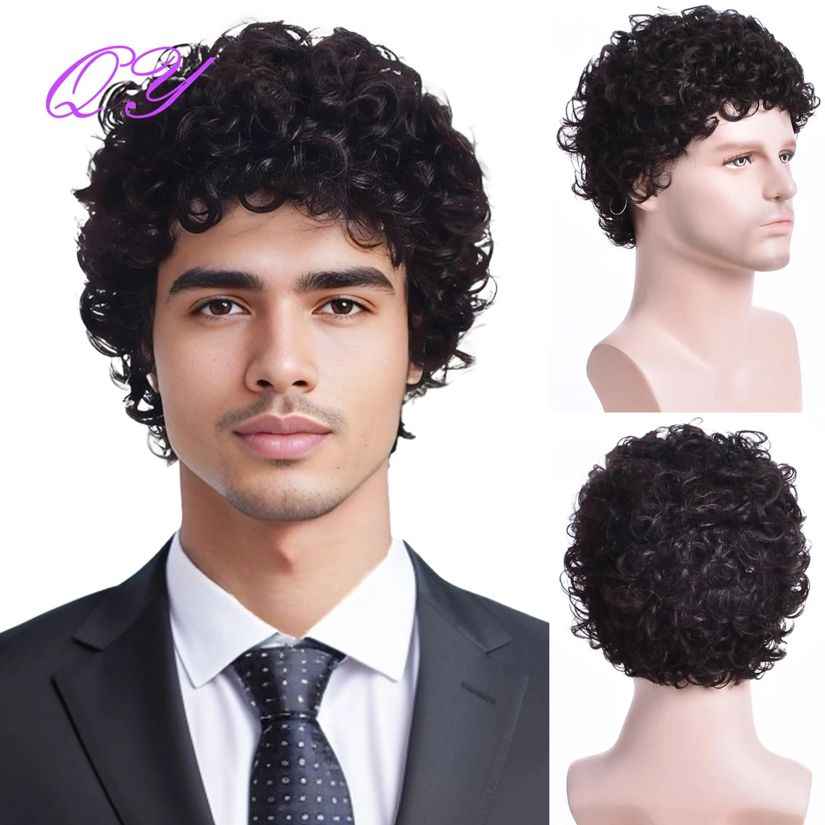 Men's synthetic wig brown (# 4) short curly hair men's wig fashion style adjustable size breathable wig men's 2023
