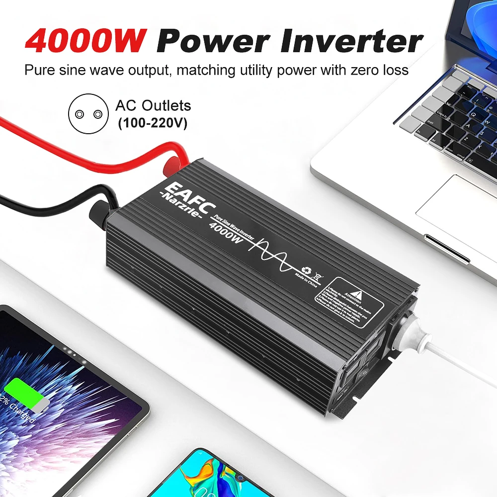 순수 사인파 2000W/3000W/4000W EU 소켓 차량용 파워 인버터 DC 12V에서 AC 220V 50HZ 전압 변환기 스마트 LCD 화면 포함