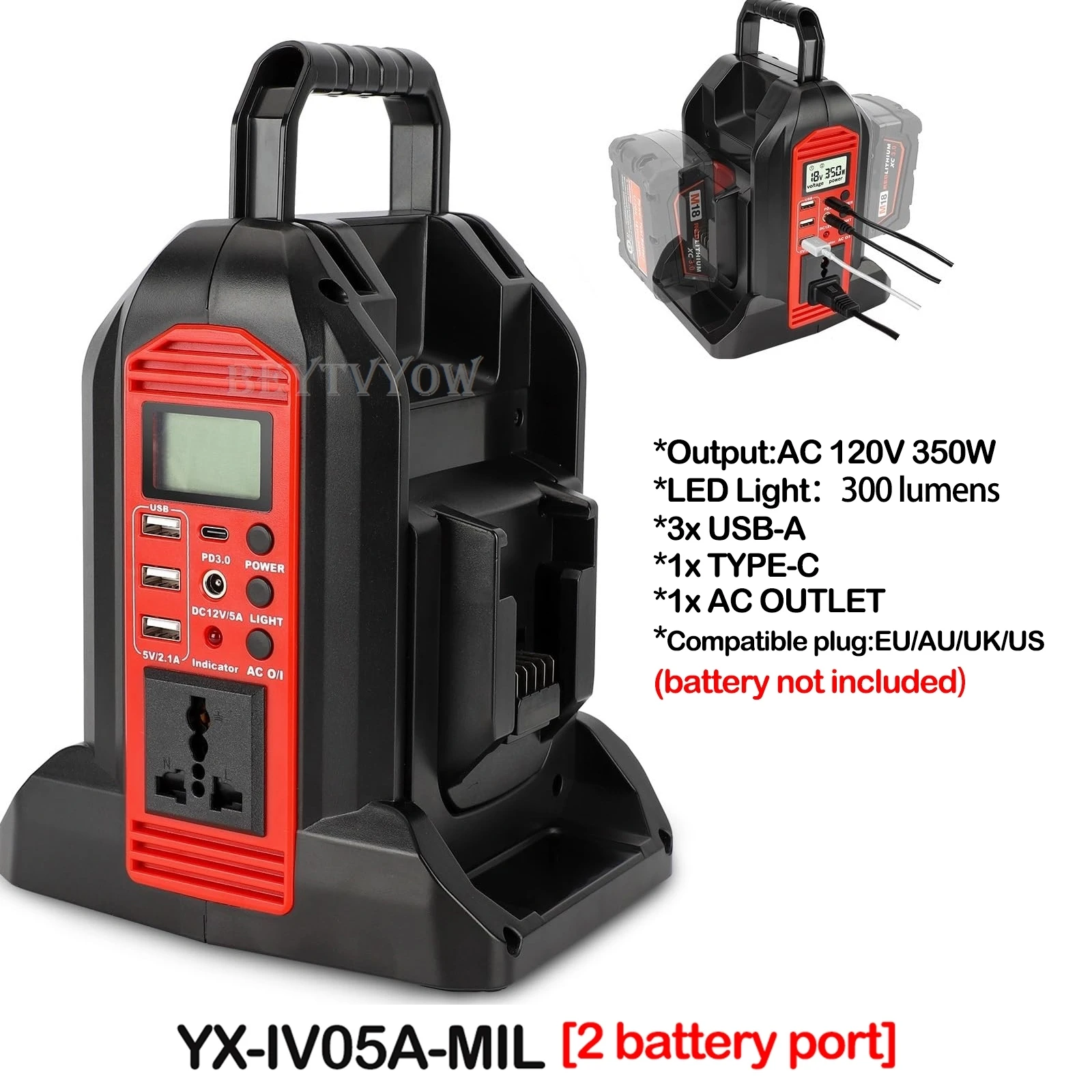 350W Pure Sine Wave Power Inverter for Milwaukee M18 18V Battery 2-Ports DC 18V