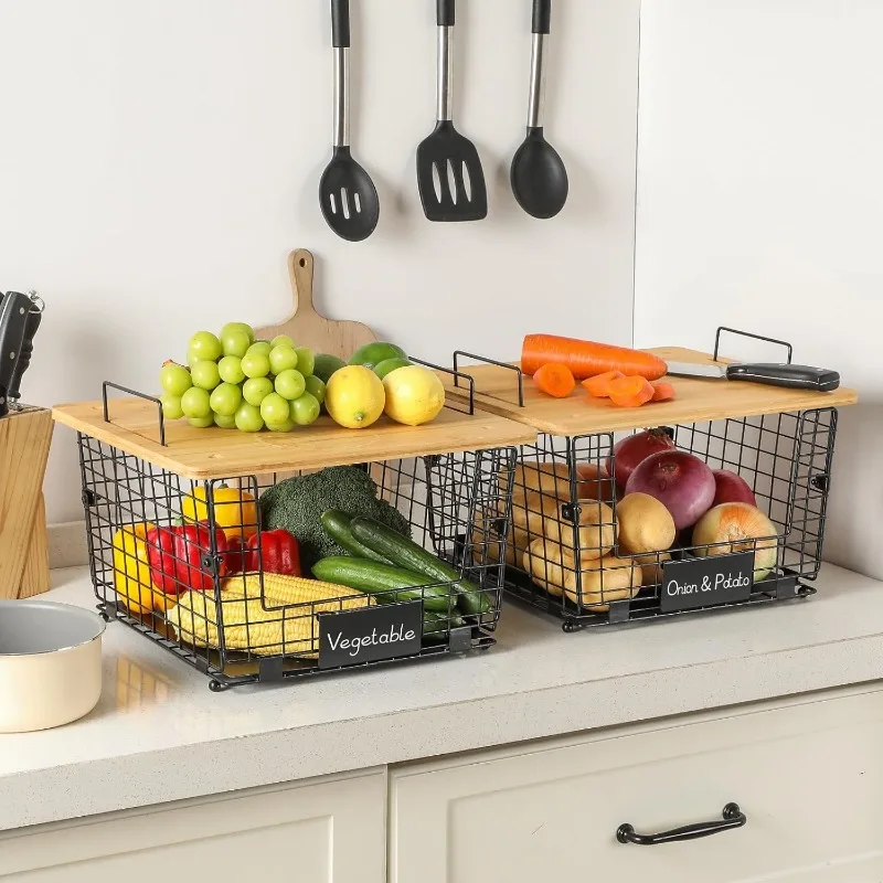 2 Set Stackable Wire Basket with Bamboo Top - Kitchen Counter, Pantry Organizer and Storage - Produce Onion Potato 5