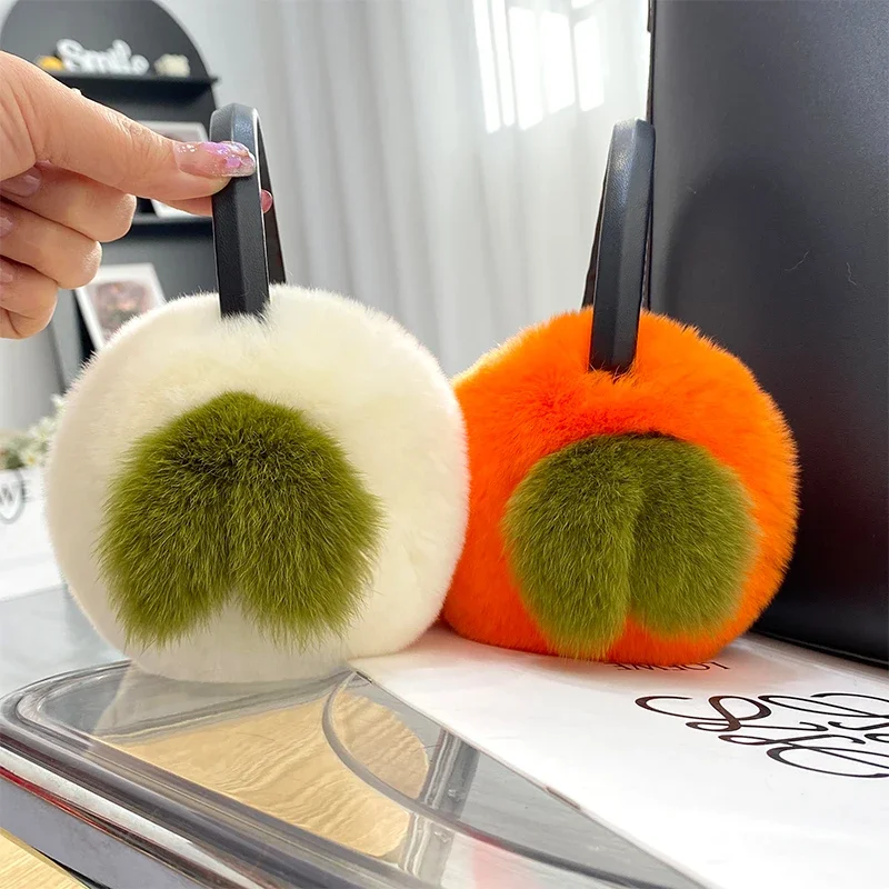 MPPM Real Rex Rabbit Fur EarMuffs Winter Ear Warmer Women Girls Cute Persimmon Ear Cover