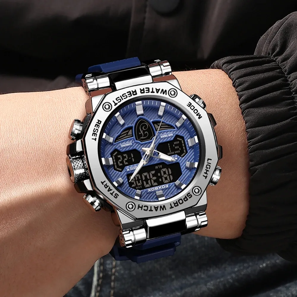 Top Brand Watches for Men 50M Waterproof Clock Alarm Reloj Hombre LCD Dual Display Wristwatch Quartz Military Sports Mens Watch