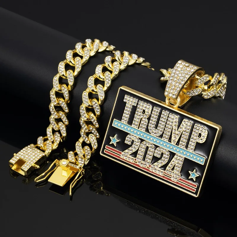 Trump 2024 Necklace US Presidential Election Campaign Souvenir Hip Hop Cuban Jewelry 3