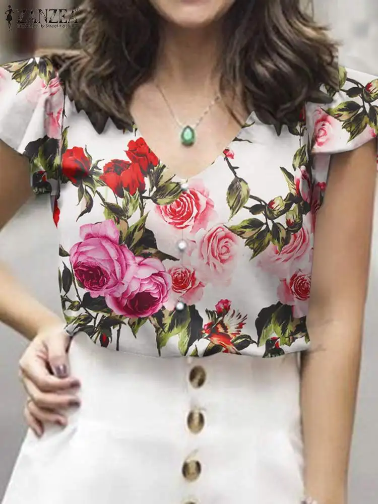 

2024 ZANZEA Women Casual V Neck Short Sleeve Floral Printed Tops Female Vintage Party Blusas Chemise Summer Bohemian Blouse