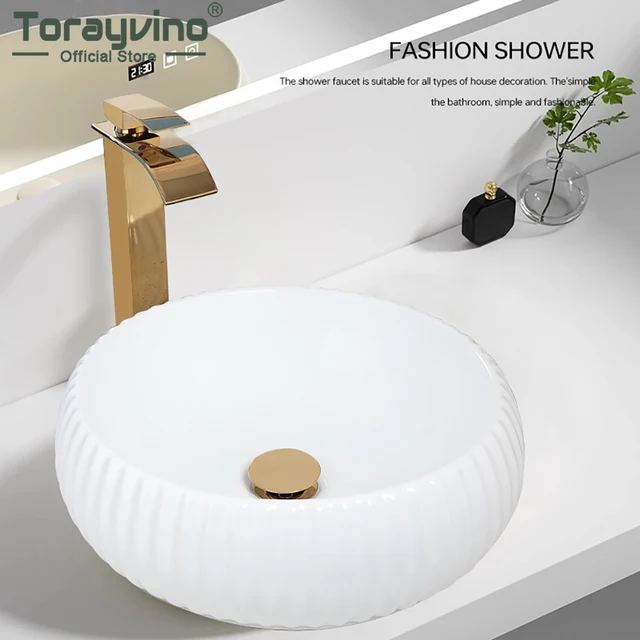 Torayvino เซรามิคสีขาวรอบห้องน้ําอ่างล้างจานทองเหลืองก๊อกน้ําอ่างล้างหน้า Bath รวมเรือ Vanity W/Pop-up Combo Kit 1