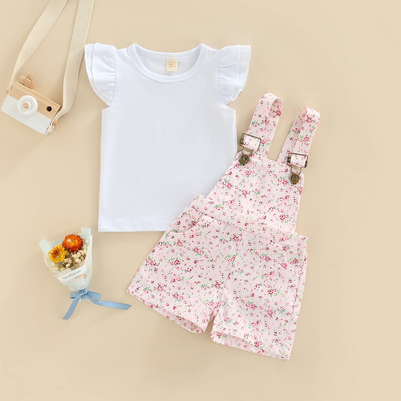 Girls Floral Suspender Shorts Set 4